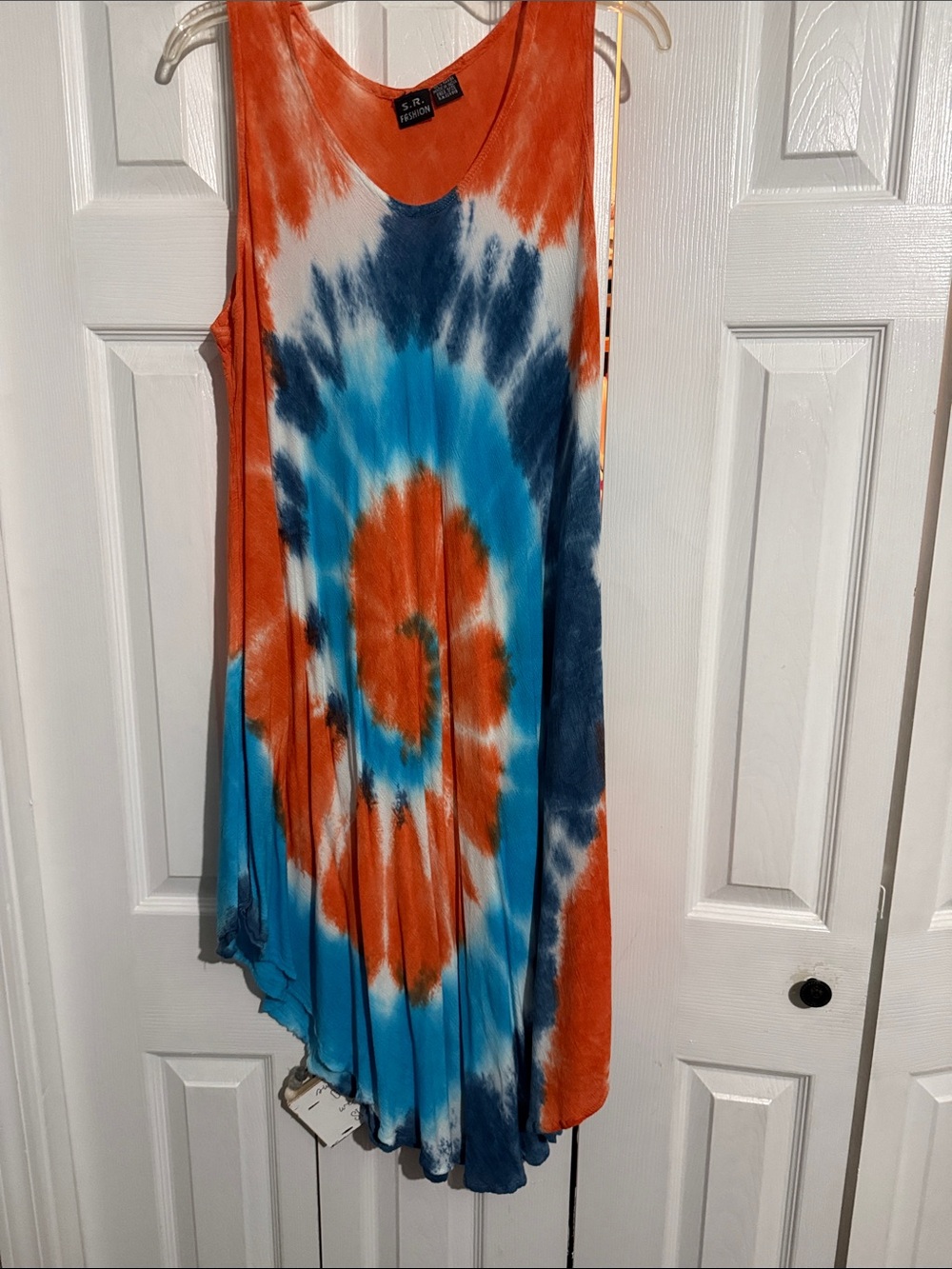 Tie-Dye Sleeveless Swing Dress in Orange, Blue & White